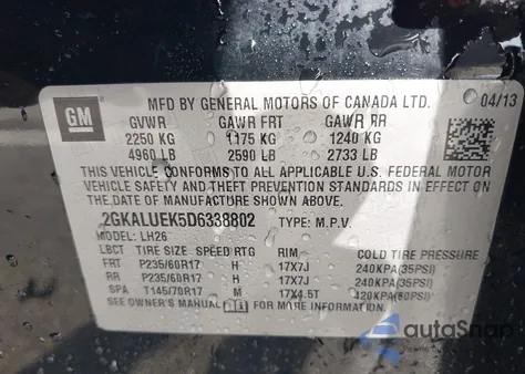 2013 GMC Terrain Slt-1 из США, поврежденный, VIN 2GKALUEK5D6338802